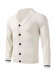 Manfinity Homme 男士麻花編織條紋飾邊前紐扣開襟衫 - 白色 - 查看 1