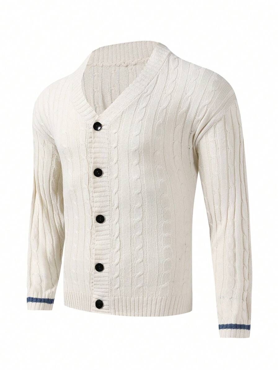 Manfinity Homme 男士麻花編織條紋飾邊前紐扣開襟衫 - 白色 - 查看 1