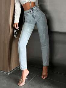 Rhinestone Detail Skinny Jeans - Baby Blue - View 5
