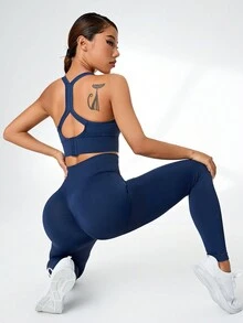 Easithlete Seamless High Stretch Sports Bra With Leggings - Navy Blue - View 4