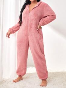 Hơn Giáng sinh Thiết kế tai 3D áo có mũ Dây kéo mặt trước Flannel Bộ đồ ngủ - Bụi hồng - Xem 5