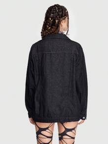 ROMWE PUNK Skeleton Print Drop Shoulder Denim Jacket - Black - View 2