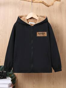 SHEIN Cậu bé Tween Đồ họa Chữ cái Lót lông Áo trùm đầu - màu đen - Xem 7