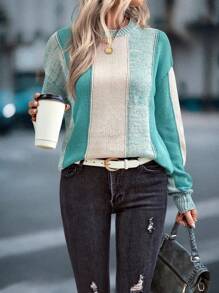 SHEIN LUNE 撞色落肩针织套头衫秋冬毛衣 - 彩色 - 查看 1