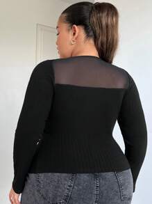 SHEIN SXY 大碼網紗拼接T恤 - 黑色 - 查看 2