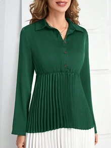 EMERY ROSE 撞色百褶腰帶襯衫洋裝 - 墨綠色 - 查看 4