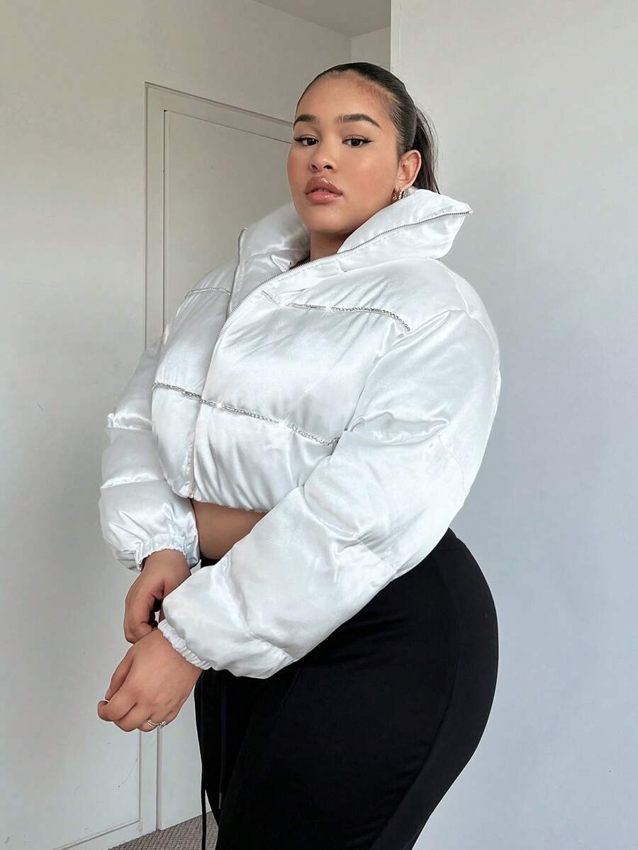 SHEIN SXY Plus Solid Crop Padded Coat - White - View 1