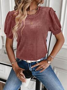 SHEIN LUNE Puff Sleeve Ribbed Knit Tee - Pink - View 6