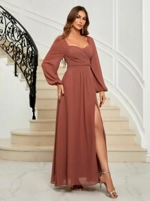 SHEIN Belle 雞心領口燈籠袖高衩伴娘洋裝 - 西瓜粉 - 查看 6