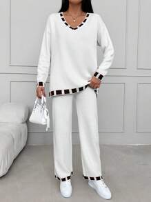 EURMUSE Contrast Trim Drop Shoulder Sweater & Knit Pants - White - View 1