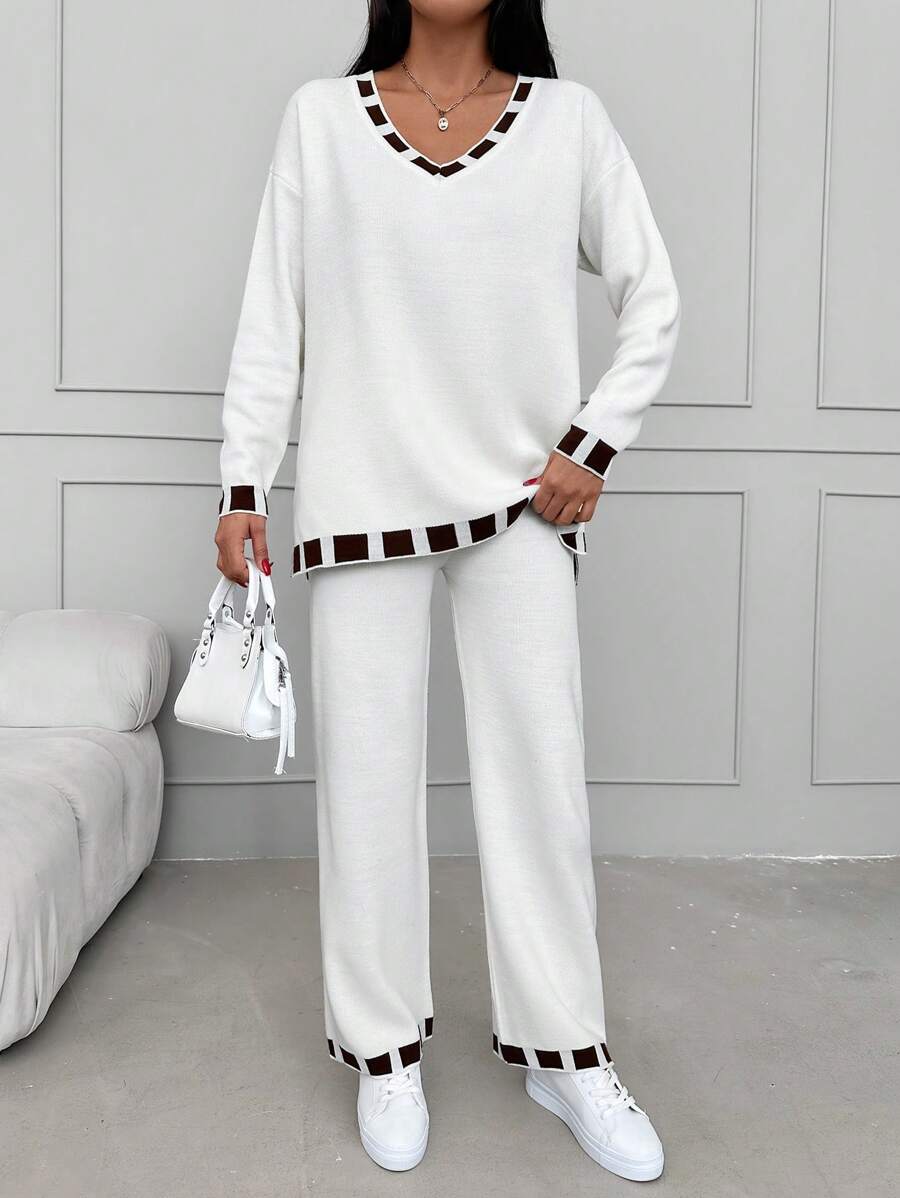 EURMUSE Contrast Trim Drop Shoulder Sweater & Knit Pants - White - View 1