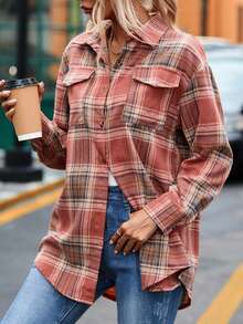 休閒口袋 前紐扣格子女士襯衫