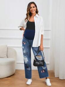 SHEIN Maternity Butterfly Print Ripped Straight Leg Jeans