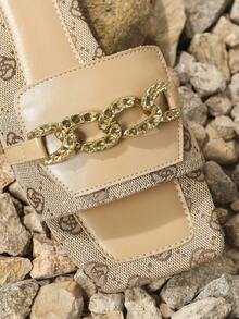 Của phụ nữ Nút kim loại Thiết kế dây xích Hoa Bằng phẳng Chóp giầy hình vuông Thời trang Dép đi trong nhà Đối với Ngoài trời - Màu be - Xem 3