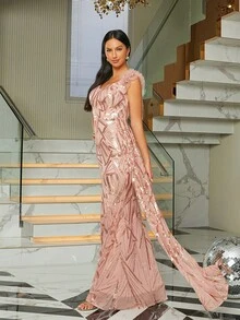 Missord 荷葉邊亮片正式洋裝 - 玫瑰金 - 查看 5