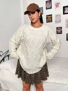 Flirla Plus Raglan Sleeve Solid Sweater Knit Pullover Fall Winter Sweater - Beige - View 6