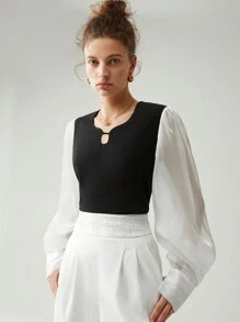 Anewsta Blusa de dos tonos de manga farol de cuello con abertura de ojo - Blanco y Negro - Ver 2