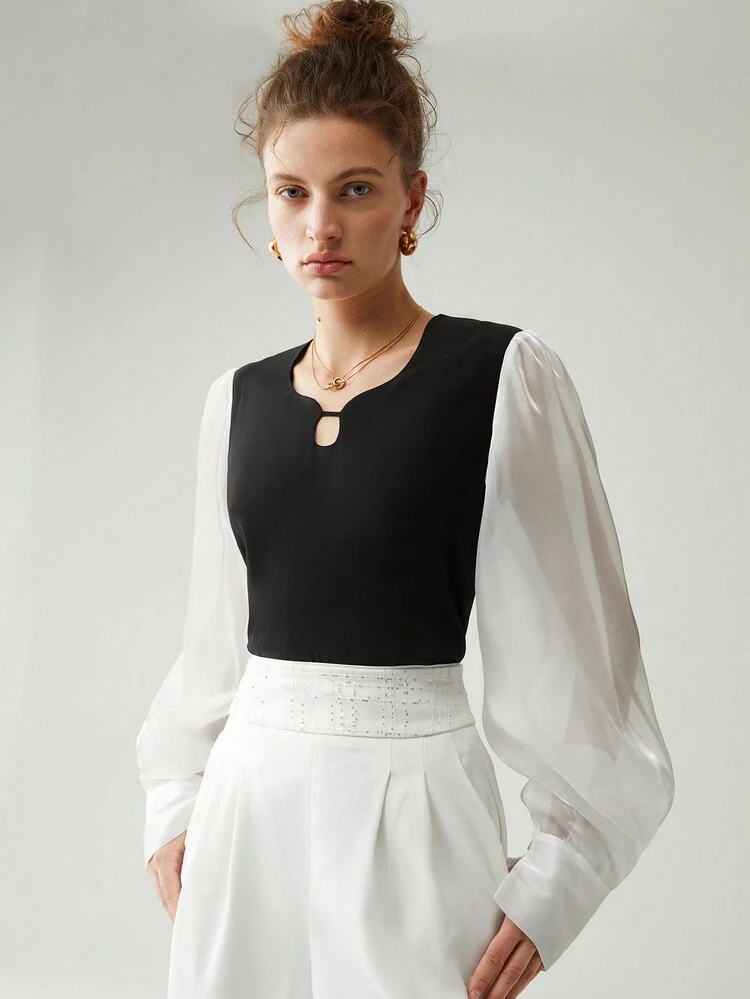 Two Tone Lantern Sleeve Keyhole Neckline Blouse