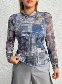 SHEIN EZwear Hơn Đồ họa Cổ giả Áo thun - Màu xanh bụi bặm - Xem 4