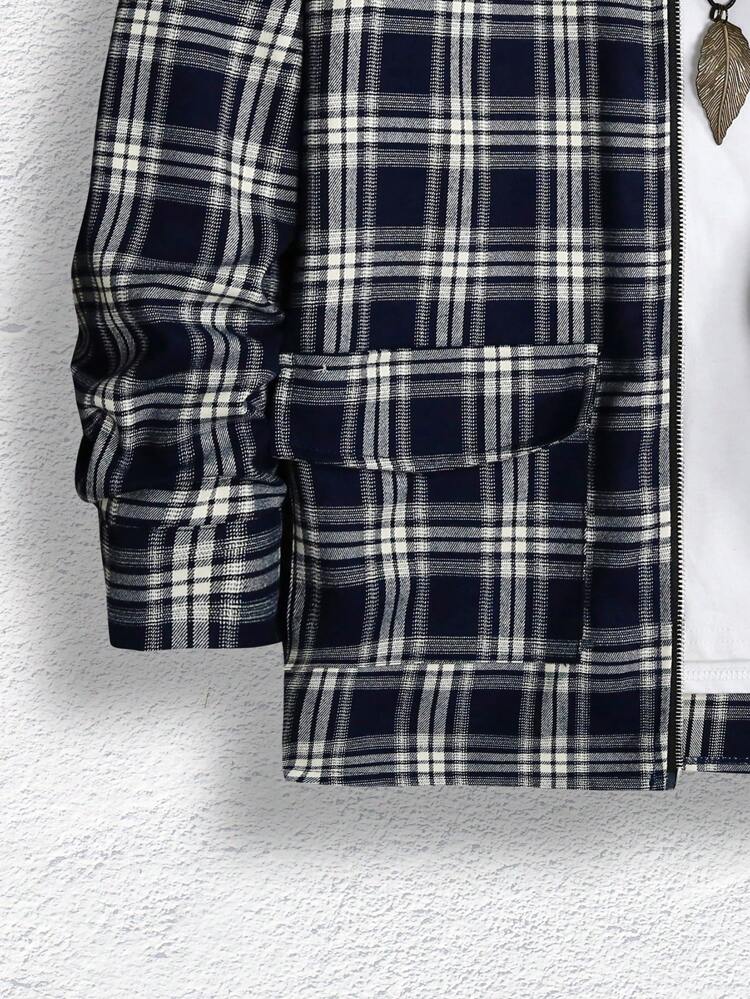 Men Plaid Print Flap Pocket Zip Up Shacket
