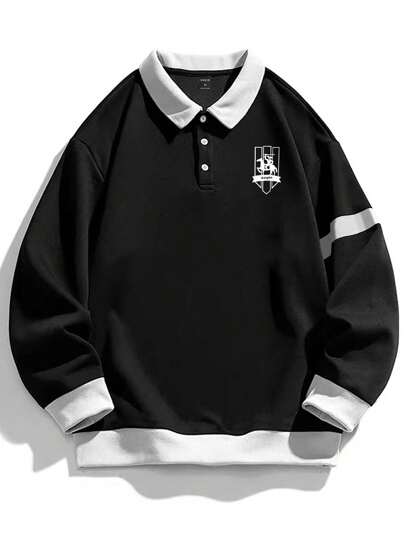 Manfinity Hypemode Men Letter Graphic Contrast Collar Polo Neck Sweatshirt, Going Out Letter Long Sleeve Color Block Academia Sweatshirt, For Friends, Husband, Boyfriend Gifts, For Fall