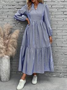 EMERY ROSE 格子圖案燈籠袖荷葉邊洋裝 - 藍白色 - 查看 1