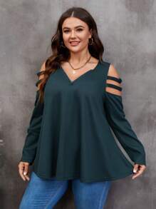 SHEIN LUNE 大碼挖肩鏤空T恤 - 墨綠色 - 查看 3