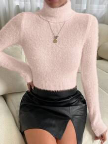 SHEIN Essnce Áo cao cổ Đan mềm mại Áo cao cổ Áo len - Màu Hồng baby - Xem 6