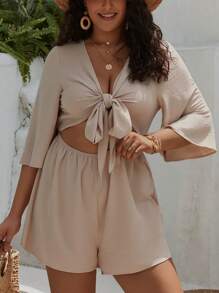 SHEIN VCAY 加結正面鏤空腰部連衣褲 - 杏色 - 查看 5