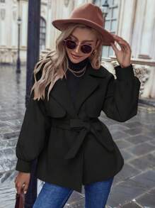 SHEIN Frenchy Lapel Neck Belted Overcoat - Black - View 1