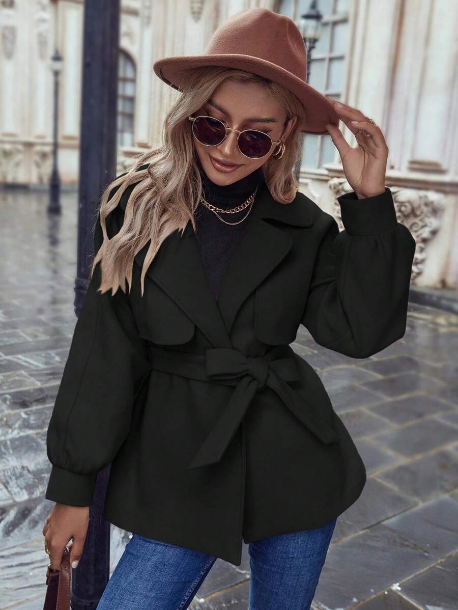 SHEIN Frenchy Lapel Neck Belted Overcoat - Black - View 1