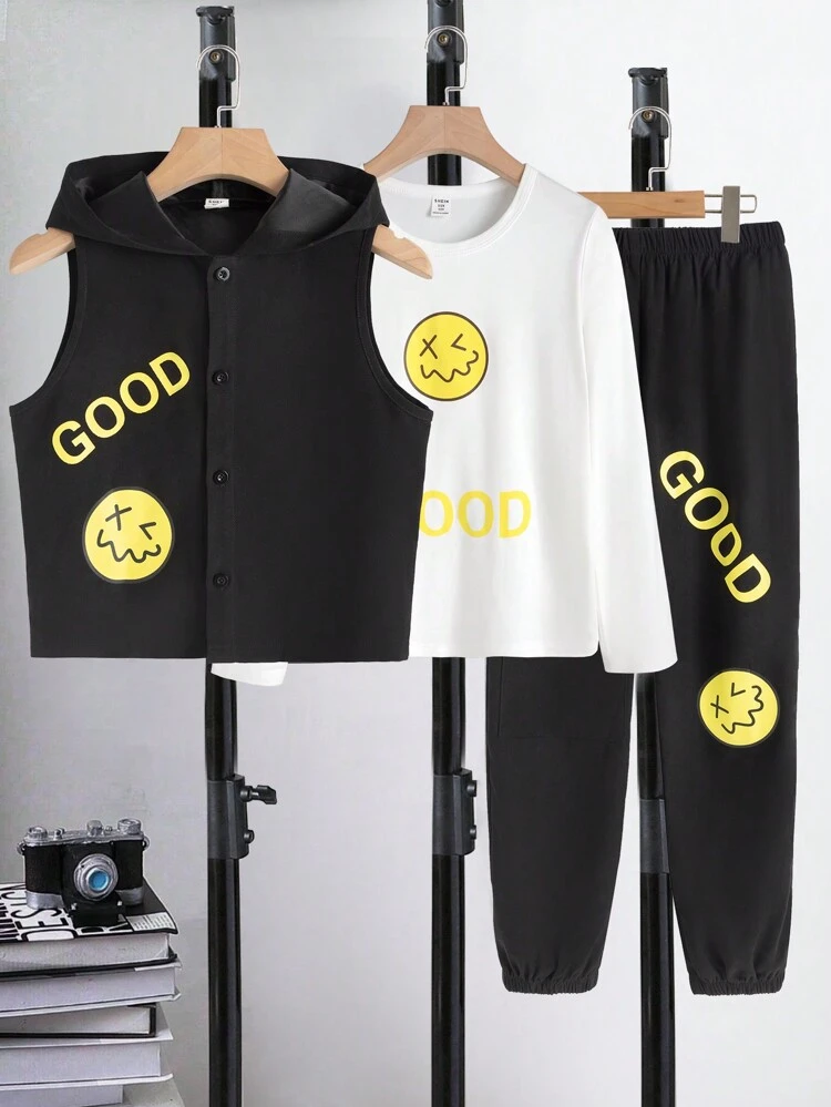 Tween Boy Cartoon and Letter Graphic Hooded Vest Jacket & Sweatpants & Tee