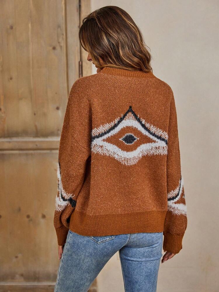 Geo Pattern Drop Shoulder Knit Pullover Fall Winter Sweater