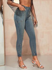 SHEIN BAE High Waist Skinny Cropped Jeans - Blue - View 6