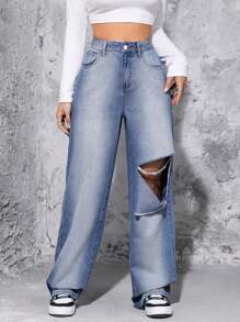 高腰破洞闊腿牛仔褲 - 藍色 - 查看 1