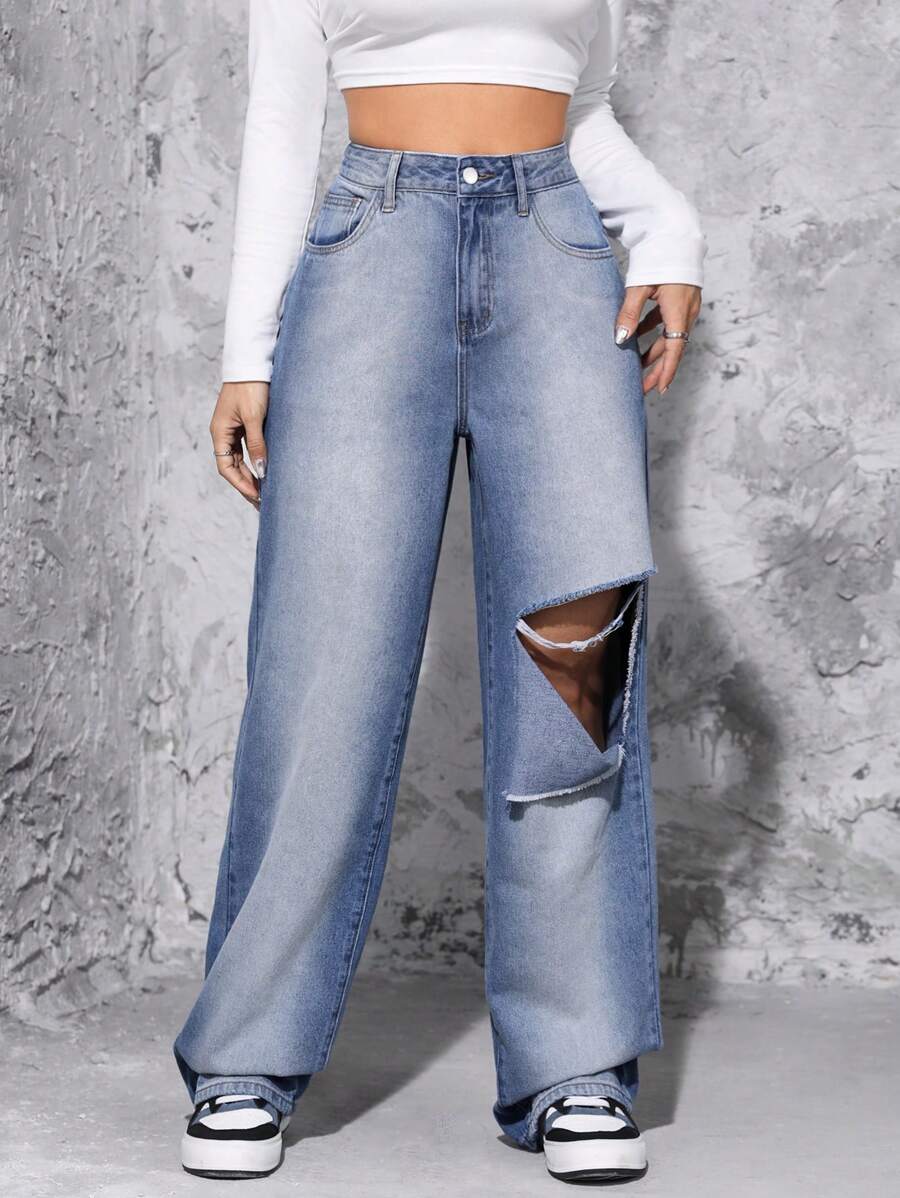 高腰破洞闊腿牛仔褲 - 藍色 - 查看 1