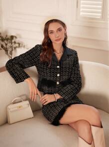 GENKIRA Plaid Pattern Fuzzy Trim Tweed Jacket & Skirt - Black - View 5