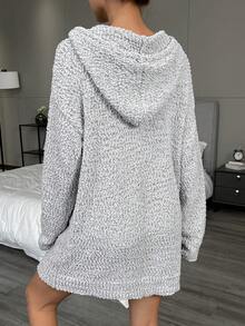 SHEIN LUNE Drop Shoulder Drawstring Hooded Duster Cardigan - Grey - View 2