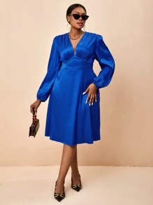 Celure Hơn Cổ Lao Tay áo lồng đèn Đầm - Màu xanh lam - Xem 1