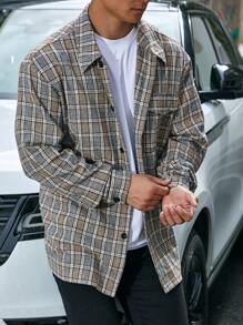 Manfinity Homme Men Plus Plaid Flap Pocket Overcoat - Brown - View 5