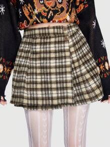 ROMWE Kawaii 格紋紐扣細節半身裙 - 棕色 - 查看 2