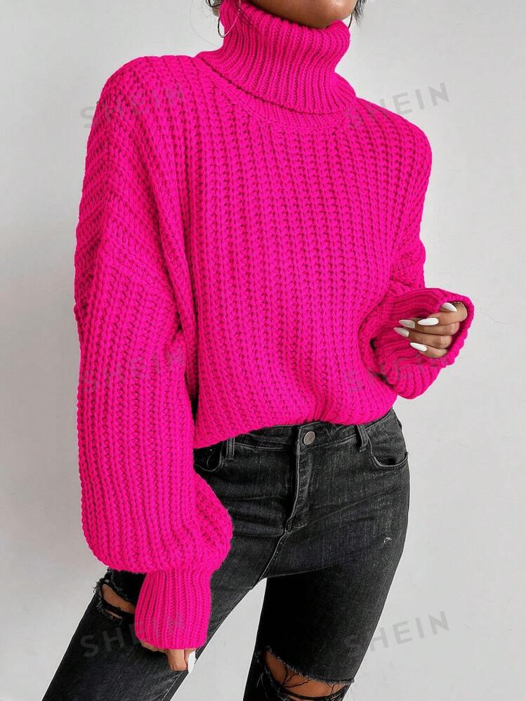 SHEIN LUNE Turtleneck Drop Shoulder Ribbed Knit Sweater SHEIN USA