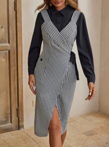 SHEIN LUNE Houndstooth Lado Do Nó Vestido Envoltório & Camiseta - Preto e Branco - Visão 1