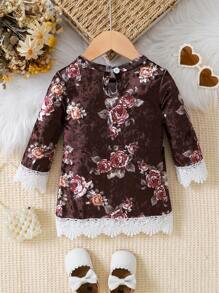 女嬰印花鏤空蕾絲花邊後鎖孔洋裝 - 紅色 - 查看 2