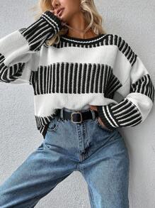 EURMUSE Pullover mit Streifen Muster, Drop Shoulder