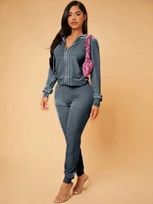 SHEIN SXY 拉鏈開襟絲絨夾克和運動褲 - 深灰色 - 查看 1