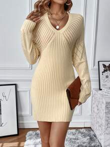 Chiquease Solid Raglan Sleeve Sweater Dress Fall Cloth For Women - Apricot - View 3