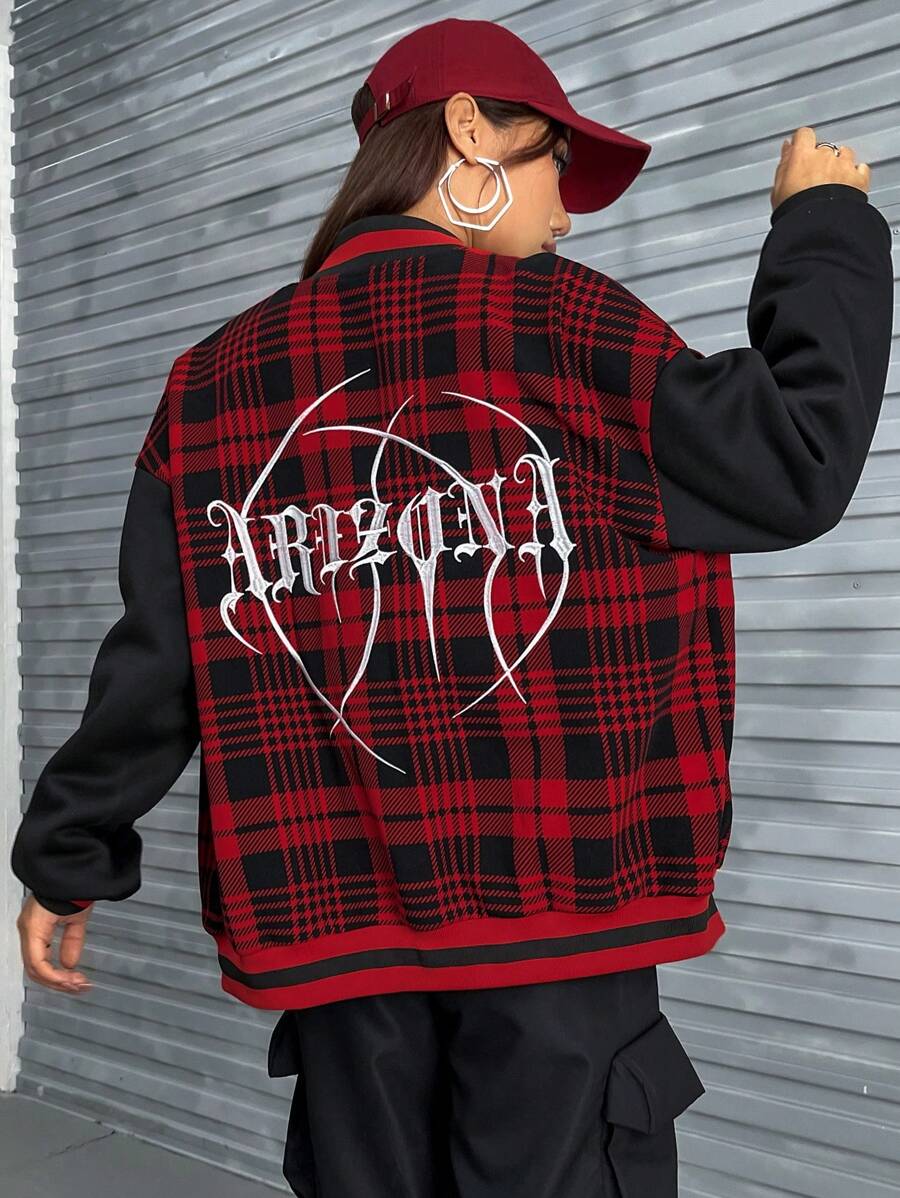 SHEIN EZwear Plaid & Letter Graphic Drop Shoulder Two Tone Jacket - Red - View 1