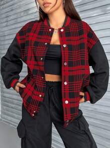 SHEIN EZwear Plaid & Letter Graphic Drop Shoulder Two Tone Jacket - Red - View 5