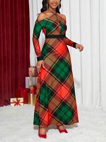 SHEIN Lady 格纹印花交叉挂脖连衣裙 - 彩色 - 查看 5